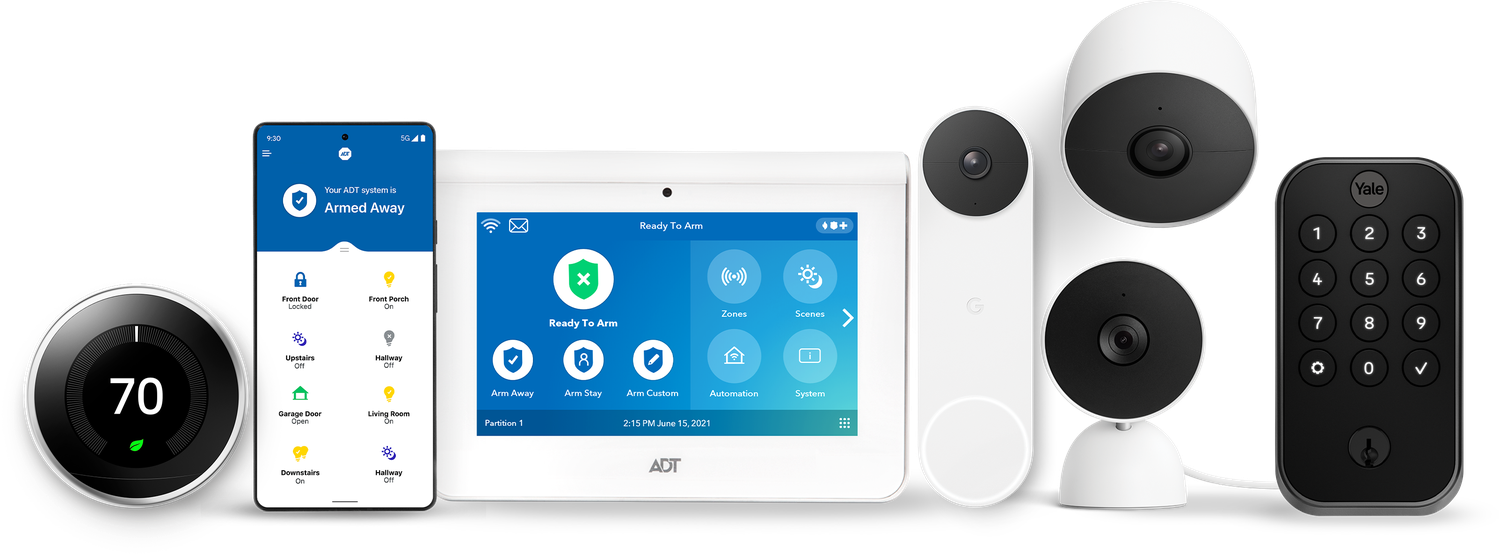 The Nuvii system: ADT touchscreen panel and app, Google Nest doorbell, indoor and outdoor cameras, a smart thermostat, and a Yale smart lock