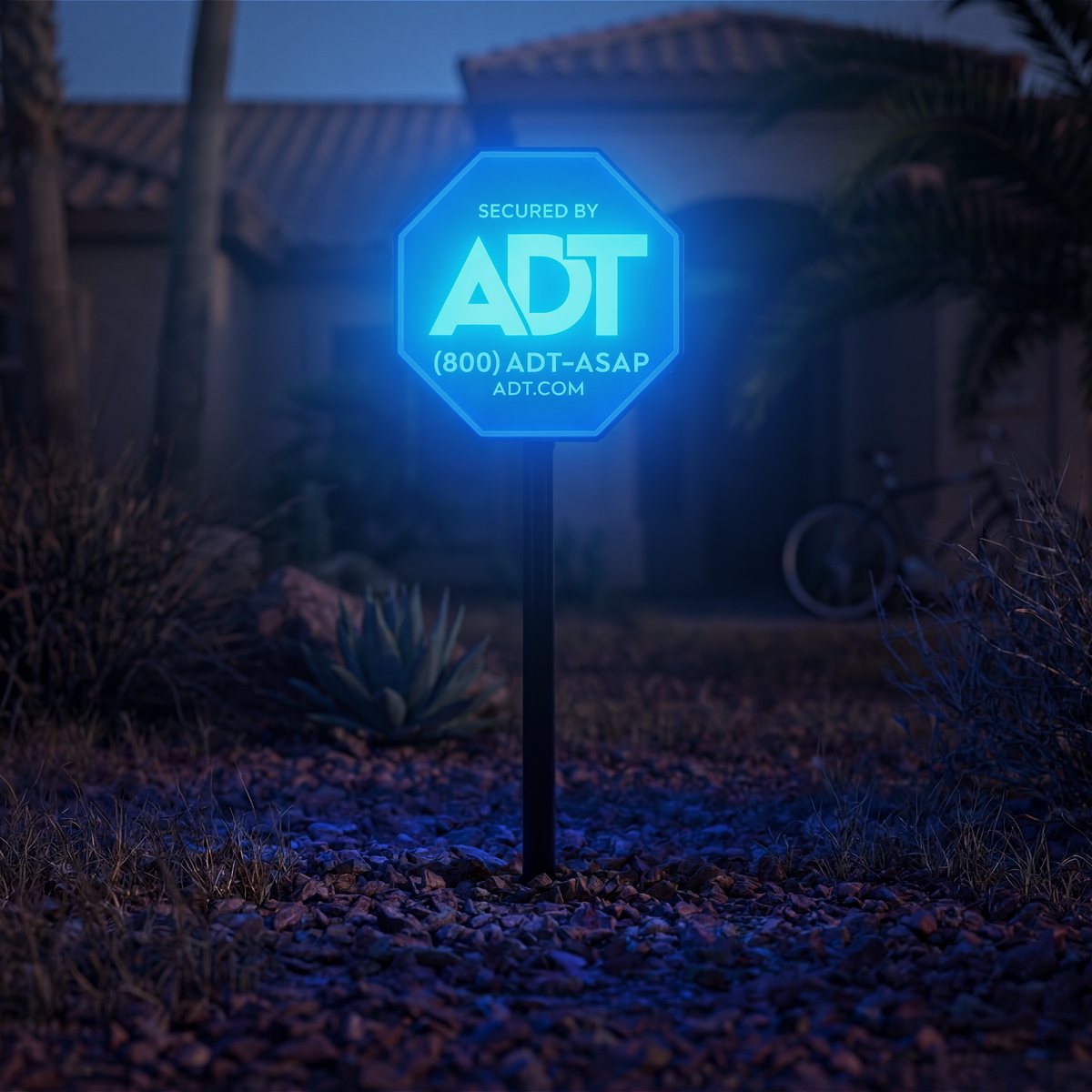 The ADT Live Light yard sign glowing bright blue in a home's front yard at night