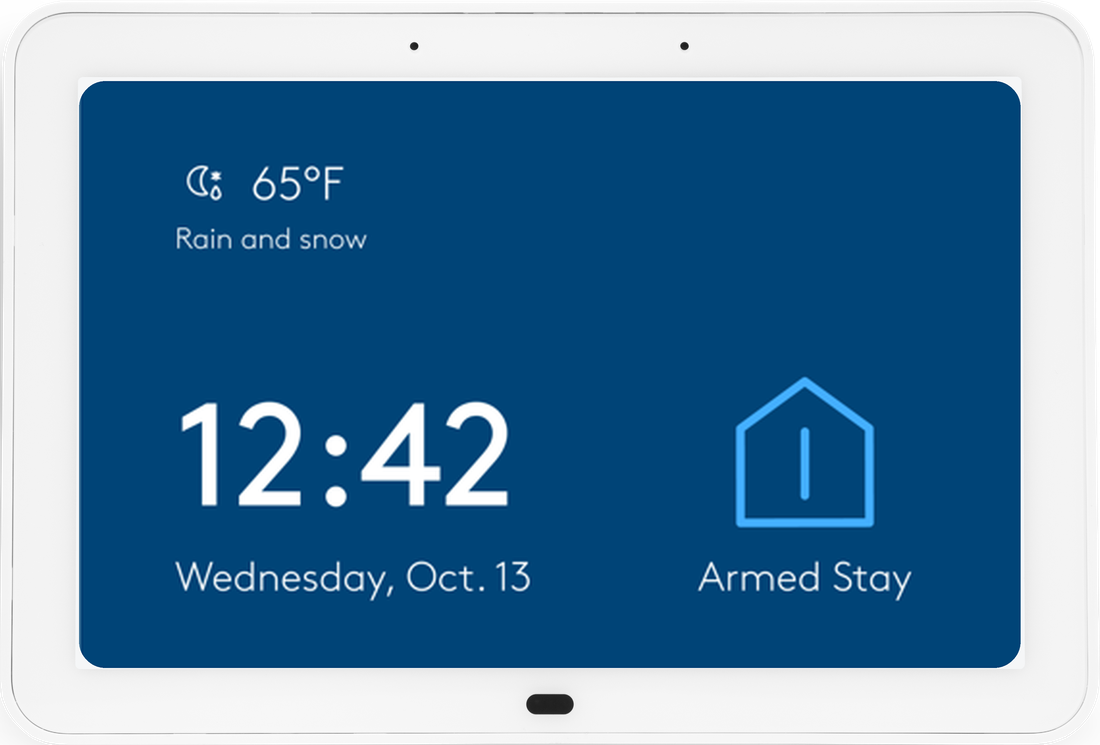 The ADT M3 touchscreen panel showing the home armed in Stay mode, with the time, date and weather