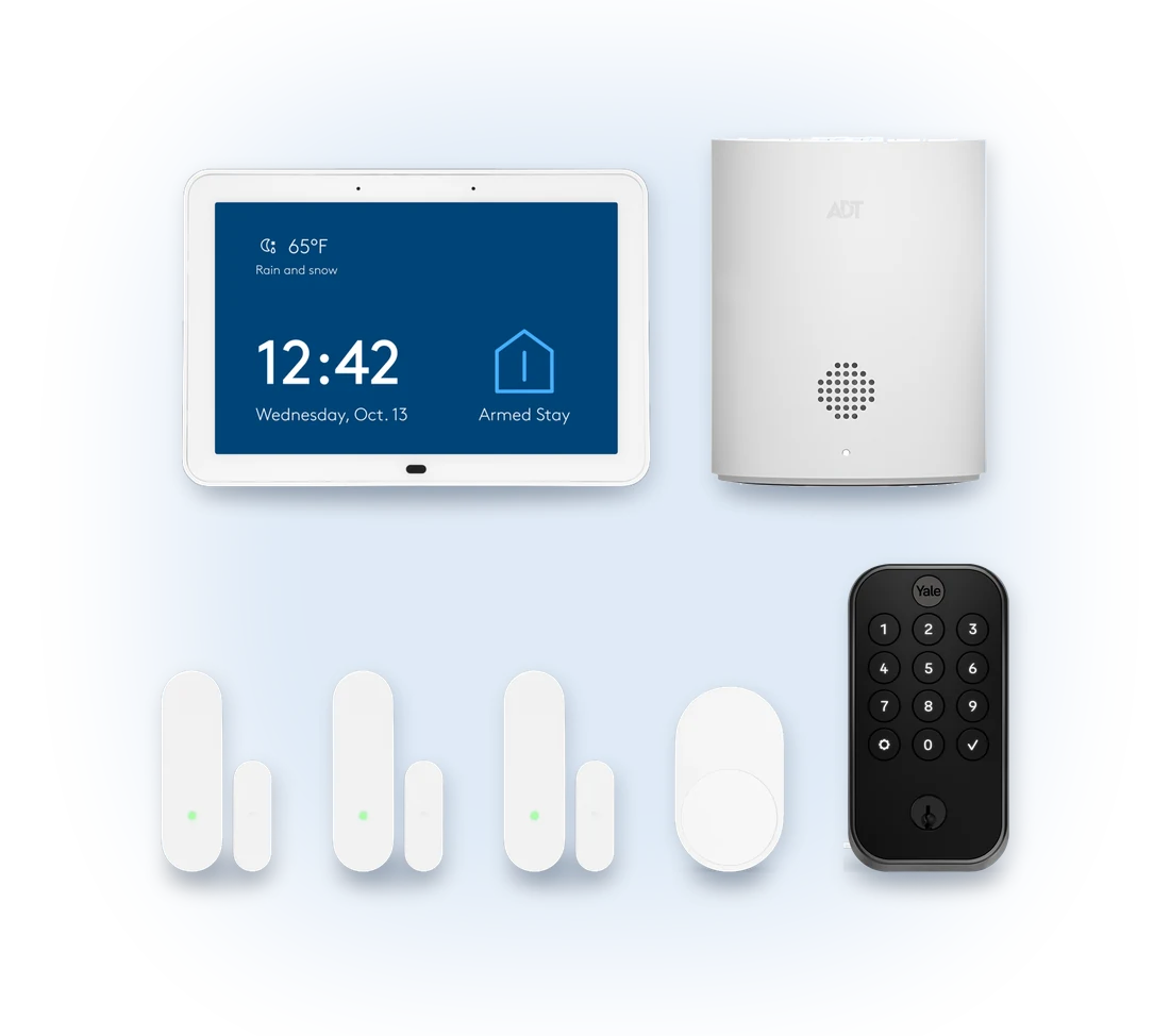 ADT+ Touchscreen, ADT+ Base, 3 door and window sensors, a motion sensor and a Yale smart lock